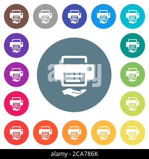Shared printer flat white icons on round color backgrounds. 17 background color variations are included. Stock Vector