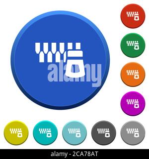 Horizontal zipper round color beveled buttons with smooth surfaces and flat white icons Stock Vector
