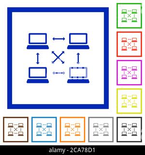 Content delivery network flat color icons in square frames on white background Stock Vector