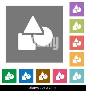 Basic geometric shapes flat icons on simple color square backgrounds Stock Vector