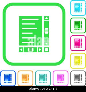 Document with content and scroll bars vivid colored flat icons in curved borders on white background Stock Vector