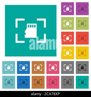 Camera memory card multi colored flat icons on plain square backgrounds. Included white and darker icon variations for hover or active effects. Stock Vector