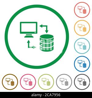 Syncronize data with database flat color icons in round outlines on white background Stock Vector