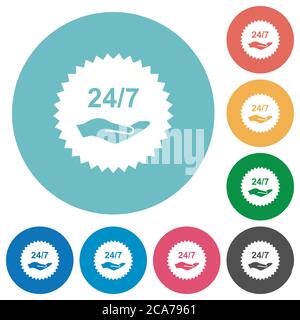 24 hours seven service sticker flat white icons on round color backgrounds Stock Vector