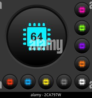 Microprocessor 64 bit architecture dark push buttons with vivid color icons on dark grey background Stock Vector