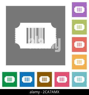 Ticket with barcode flat icons on simple color square backgrounds Stock Vector
