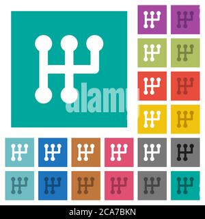 Manual shift multi colored flat icons on plain square backgrounds. Included white and darker icon variations for hover or active effects. Stock Vector