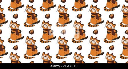 CUTE SEAMLESS AUTUMN PATTERN. AUTUMN ANIMALS. Hello, Autumn. CHILDREN'S ROOM AND TEXTILE DESIGN. RED PANDA ON A WHITE BACKGROUND Stock Vector
