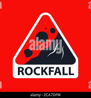 triangular rockfall sign on a red background. flat vector illustration. Stock Vector