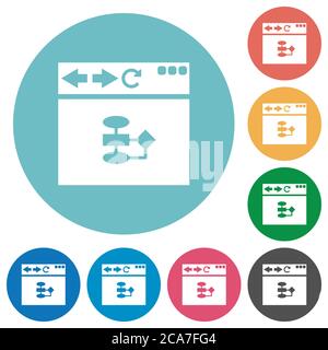 Browser flow chart flat white icons on round color backgrounds Stock Vector