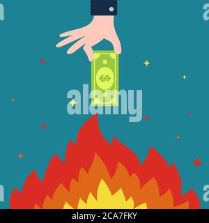 Hand holds dollar bill over bonfire. burning money. flat vector illustration Stock Vector