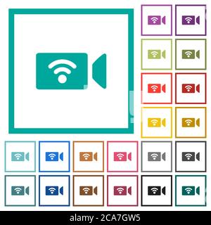 Wireless camera flat color icons with quadrant frames on white background Stock Vector