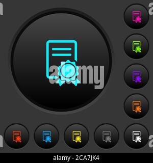 Certificate dark push buttons with vivid color icons on dark grey background Stock Vector