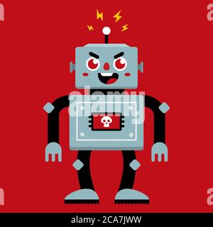 An evil robot that has broken. bad behavior. Flat character vector illustration. Stock Vector