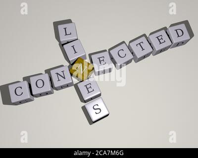 crosswords of connected lines arranged by cubic letters on a mirror floor, concept meaning and presentation. illustration and background. 3D illustration Stock Photo