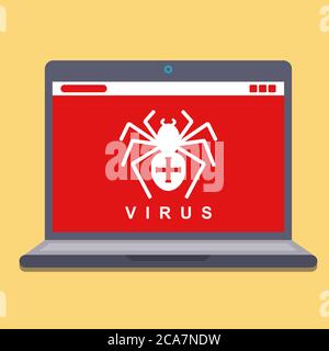 computer virus on a laptop. hacking spyware. flat vector illustration Stock Vector