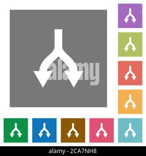Split arrows down flat icons on simple color square backgrounds Stock Vector