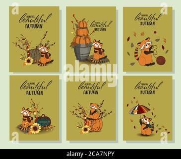 Thanksgiving day greeting card. Hello, Autumn. Set of autumn posters. Cozy colors. Red panda Stock Vector