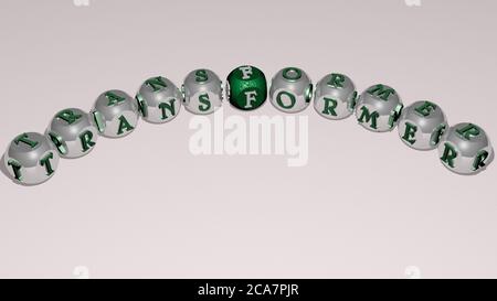 transformer combined by dice letters and color crossing for the related meanings of the concept. power and illustration. 3D illustration Stock Photo