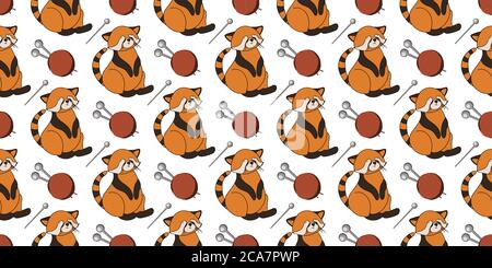 CUTE SEAMLESS AUTUMN PATTERN. AUTUMN ANIMALS. Hello, Autumn. CHILDREN'S ROOM AND TEXTILE DESIGN. RED PANDA ON A WHITE BACKGROUND Stock Vector