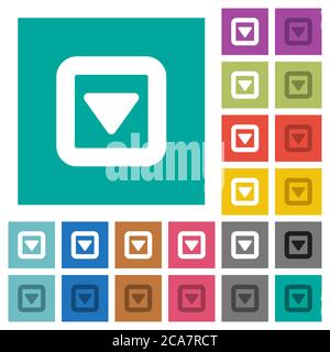 Toggle down multi colored flat icons on plain square backgrounds. Included white and darker icon variations for hover or active effects. Stock Vector