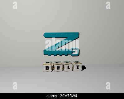 3D representation of belt with icon on the wall and text arranged by metallic cubic letters on a mirror floor for concept meaning and slideshow presentation. illustration and background Stock Photo