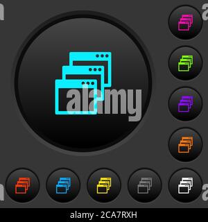 Cascade window view mode dark push buttons with vivid color icons on dark grey background Stock Vector