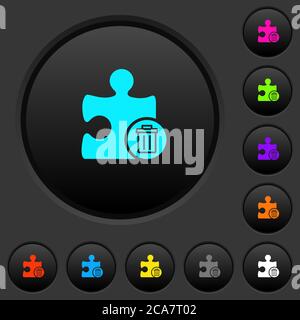 Delete plugin dark push buttons with vivid color icons on dark grey background Stock Vector