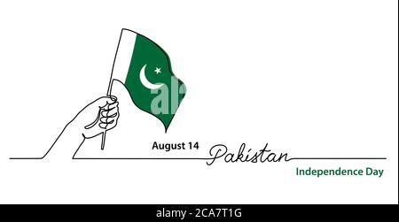 Pakistan independence day simple web banner, background with flag and hand. One continuous line drawing with lettering Pakistan Stock Vector