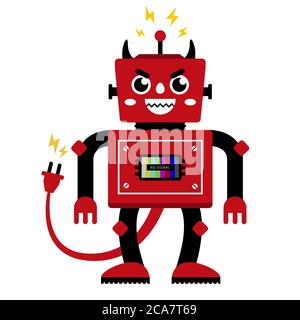 Devil robot with horns and tail. evil cyborg killer. Flat character vector illustration. Stock Vector