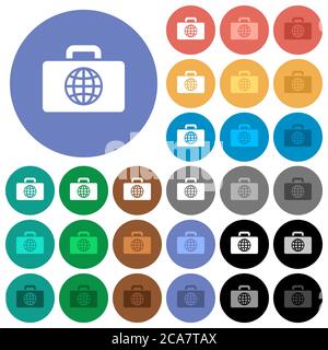 Travel bag multi colored flat icons on round backgrounds. Included white, light and dark icon variations for hover and active status effects, and bonu Stock Vector