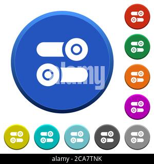 Toggle switches round color beveled buttons with smooth surfaces and flat white icons Stock Vector