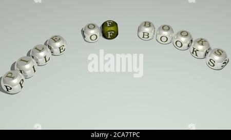 crosswords of PILE OF BOOKS arranged by cubic letters on a mirror floor, concept meaning and presentation. background and white. 3D illustration Stock Photo