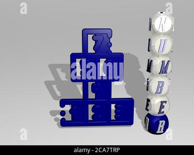 3D representation of NUMBER with icon on the wall and text arranged by metallic cubic letters on a mirror floor for concept meaning and slideshow presentation. illustration and background Stock Photo