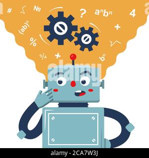 the robot ponders the solution to the problem. the thinking process of the machine. flat vector character. Stock Vector