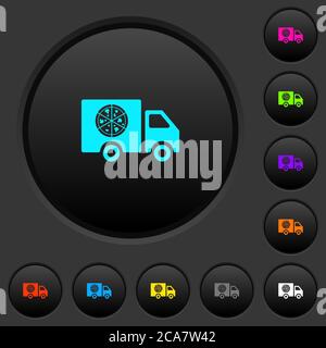 Pizza delivery truck dark push buttons with vivid color icons on dark grey background Stock Vector