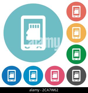 Mobile memory card flat white icons on round color backgrounds Stock Vector