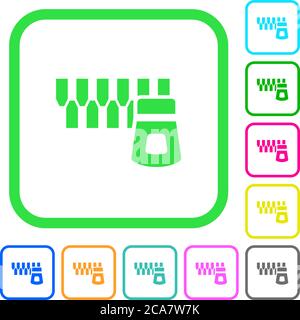 Horizontal zipper vivid colored flat icons in curved borders on white background Stock Vector