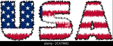 3D USA text with American flag inside the text. Vector illustration on white background. USA flag in text. American flag in letters. National emblem. Stock Vector