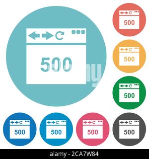 Browser 500 internal server error flat white icons on round color backgrounds Stock Vector
