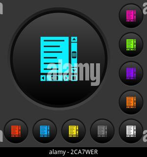 Document with content and scroll bars dark push buttons with vivid color icons on dark grey background Stock Vector