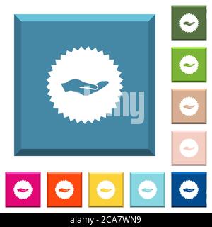 Hand in sticker white icons on edged square buttons in various trendy colors Stock Vector