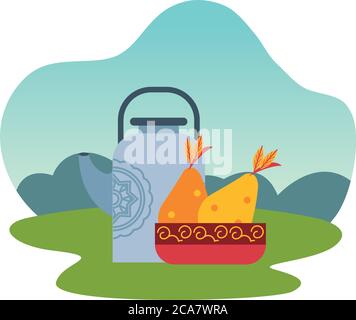 ceramic teapot with fruits in the camp vector illustration design Stock Vector