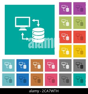 Syncronize data with database multi colored flat icons on plain square backgrounds. Included white and darker icon variations for hover or active effe Stock Vector