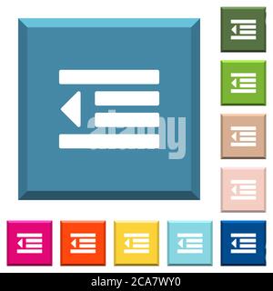 Decrease text indentation white icons on edged square buttons in various trendy colors Stock Vector