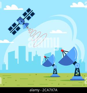 receiving a signal from a satellite. data transmission from space. flat vector illustration. Stock Vector