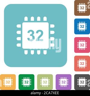 Microprocessor 32 bit architecture white flat icons on color rounded square backgrounds Stock Vector