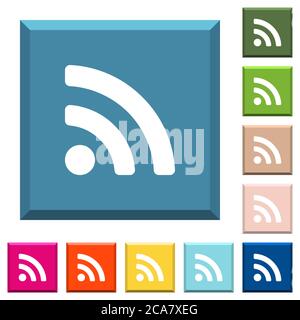 Radio signal white icons on edged square buttons in various trendy colors Stock Vector