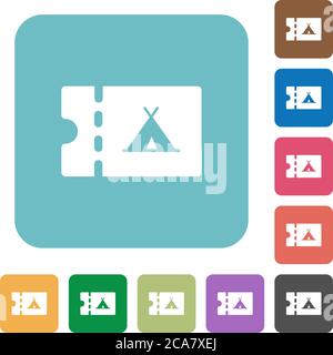 Camping discount coupon white flat icons on color rounded square backgrounds Stock Vector