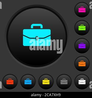 Satchel with one buckle dark push buttons with vivid color icons on dark grey background Stock Vector